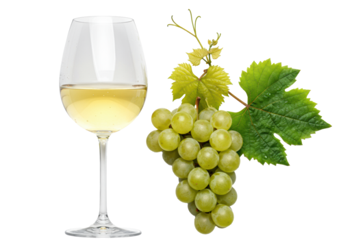 overhead studio shot of a chilled wine glass holding pale chardonnay, fresh light green grapes, and a large vine leaf on a transparent background, concept of premium winemaking luxury - Powered by Adobe