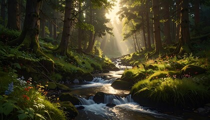 Stunning Forest Scene with River, Sunlight, and Lush Vegetation Creating Serene Nature