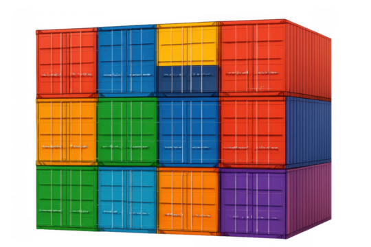 Stacked colorful shipping containers representing global freight transport, cargo logistics, international imports and exports
