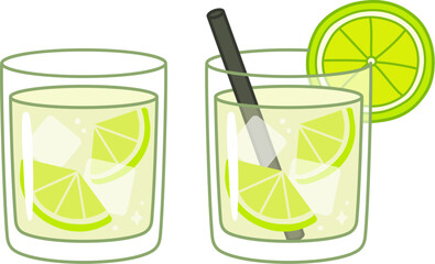 Caipirinha cocktail glass with lime and ice cubes. Cute cartoon vector clip art drawing, hand drawn illustration.