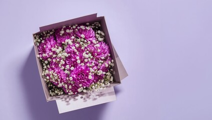 Floral Arrangement in a Box, Lilac Tones and Soft Shadows, Delicate Petals and Textures.