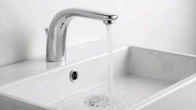Running water from a modern chrome faucet into a clean white sink. Bathroom hygiene and plumbing fixture detail