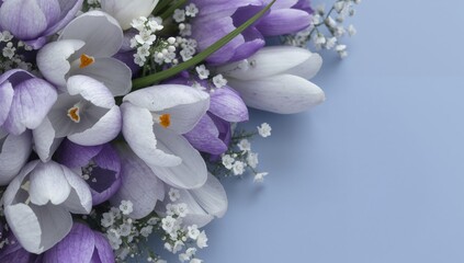 Floral Arrangement of Purple and White Blooms on a Light Blue Background.