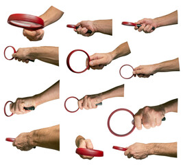 Set of human hand palms holding magnifying glass plastic handle in different positions and view angles isolated on white