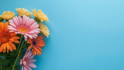 Floral Arrangement on Azure, Bright Petals and Textural Contrast, Springtime.