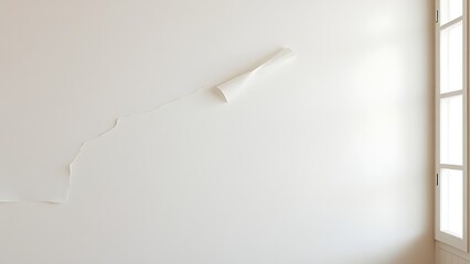 underneath. Wall surface with peeled wallpaper revealing textured plaster underneath, neutral tones. real-estate listings.