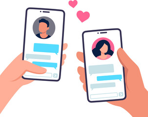 Couple in love texting. Male and female hand holding smartphones with text messages chat. Online dating app relationship.