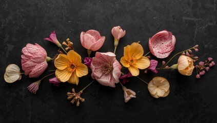Floral Arrangement on Dark Surface Abstract Study of Color, Form, and Texture.
