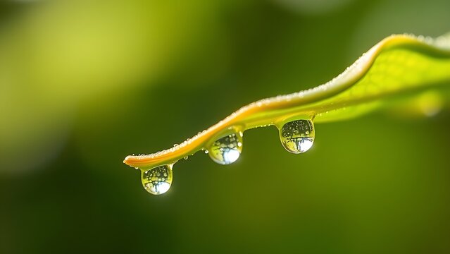 distillation. Morning dew drops falling from leaf tips in fresh morning light. gardening catalogs, home-decor guides, designed for gardening and botanical catalogs and home decor and floral branding.