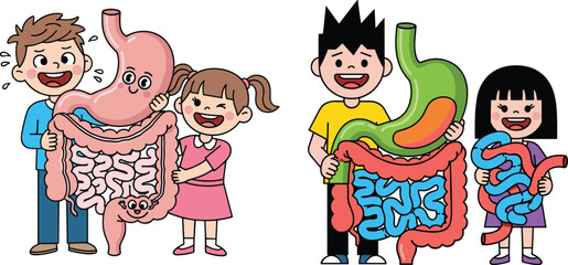 Kids learning human digestive system, anatomy education for children, biology classroom activity, science learning fun, internal organs illustration, health education concept