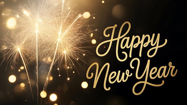 Golden Happy New Year Text with Sparkler Fireworks and Bokeh calligraphy script