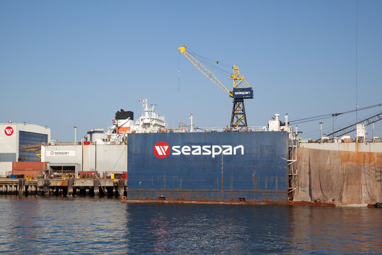 Seaspan Shipyards in Vancouver, British Columbia, Canada - July 8, 2023. Seaspan ULC provides marine-related services to the Pacific Northwest.