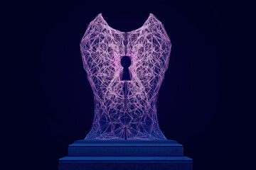 Abstract Wireframe Security Sculpture Resembling A Torso With A Keyhole Cutout