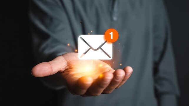 Hand holding glowing email icon with notification and sparkling lights message inbox