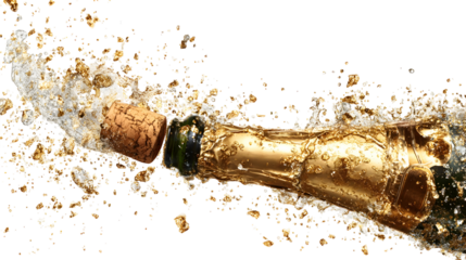 Champagne bottle popping with splashing bubbles and gold liquid