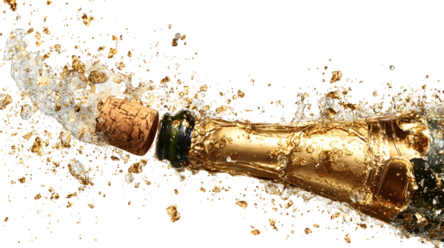 Champagne bottle popping with splashing bubbles and gold liquid - Powered by Adobe