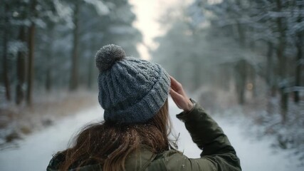 A solitary figure explores a tranquil winter forest, surrounded by snow covered trees and a quiet path. The scene captures the calm and beauty of nature during the cold season
