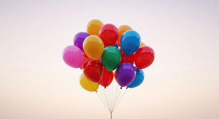 A vibrant cluster of colorful balloons floating upwards against a soft, bright background, symbolizing joy and celebration. This image conveys happiness ,group ,green ,sky
