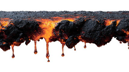 Molten lava flowing from black volcanic rock against black background