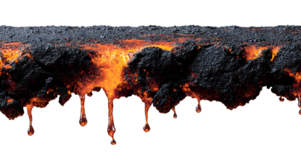 Molten lava flowing from black volcanic rock against black background