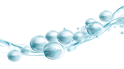 Transparent blue bubbles in fluid motion against black background