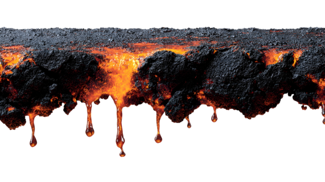 Molten lava flowing from black volcanic rock against black background