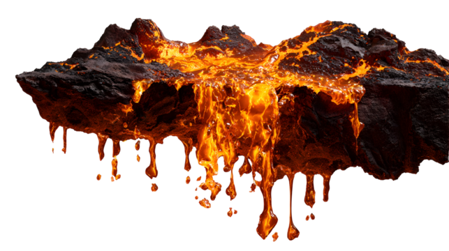 Molten lava flow: viscous dripping lava on dark rock surface