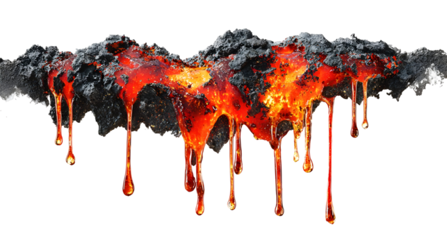 Molten lava dripping from charred rock against black background