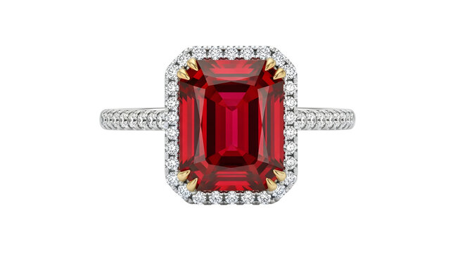 Ruby Gemstone and Diamond Halo Ring - Luxurious Red Jewel on White