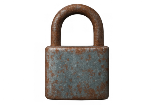Old rusty padlock providing concept of security, protection, and lock down, transparent background