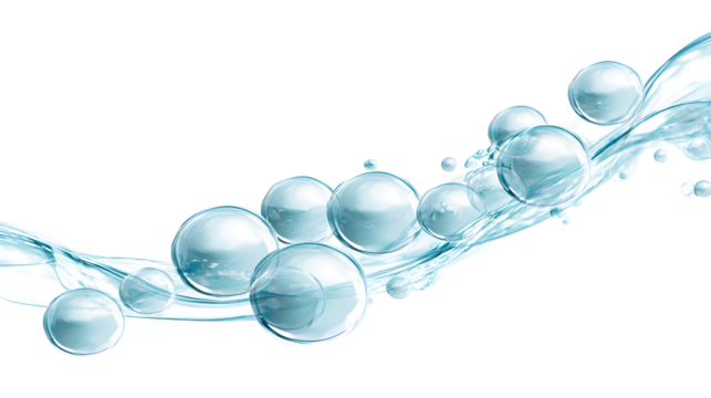 Transparent blue bubbles in fluid motion against black background