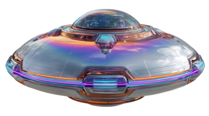 Futuristic metallic ufo with glowing lights and reflective surface