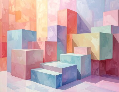 Colorful, geometric abstract of stacked and floating rectangular forms