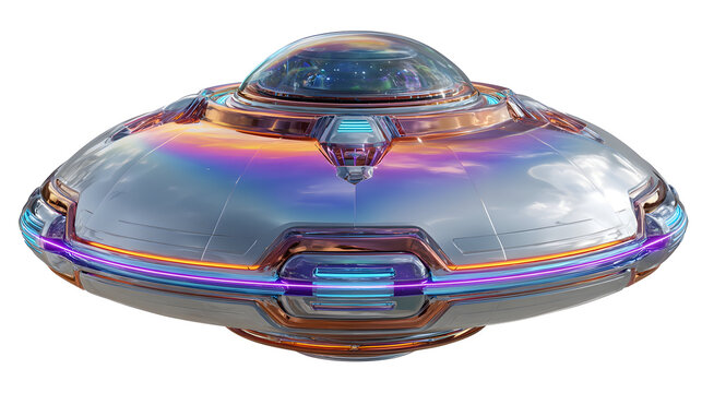 Futuristic metallic ufo with glowing lights and reflective surface