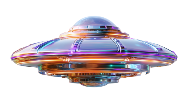 Futuristic transparent ufo with vibrant lights and metallic details