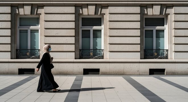 Muslim female adult in a face mask walking past a classic building. Urban lifestyle during a pandemic. Modern city life with strong sunlight and graphic shadows on the pavement