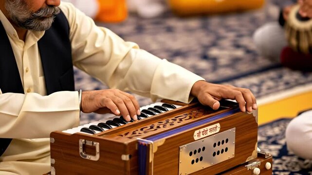 Man Playing Harmonium in Cultural Setting: A Middle-aged South Asian Male Musician Performing Traditional Melodies at a Religious Gathering