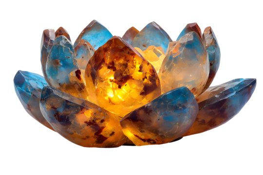 Illuminated gemstone lotus lamp with blue and amber crystals