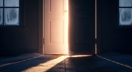 Open Doorway with Bright Light Streaming In, Winter Scene.