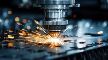 Laser Cutting Machine Creating Sparks During Metal Fabrication Process in Industrial Workshop Environment with Modern Technology and Precision Engineering
