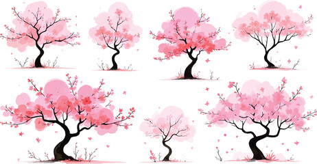 Beautiful pink cherry blossom trees collection in artistic style illustration