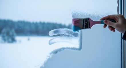 Painting a Winter Scene on a Window with a Brush.