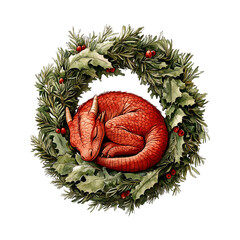 Watercolor red dragon curled inside a Christmas wreath. High-resolution PNG with transparent background. Suitable for cards, prints, stickers, crafts and sublimation.