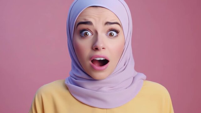 A woman wearing a yellow shirt and a purple scarf with her mouth open. She has red lipstick on