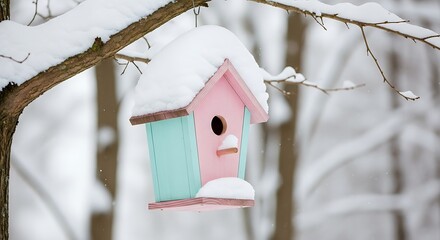 Pastel Birdhouse in Winter Snow, a Cozy Retreat.