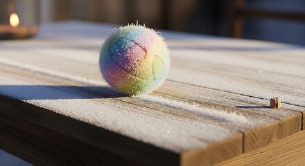 Pastel Bath Bomb on Wooden Surface with Scattered Powder.
