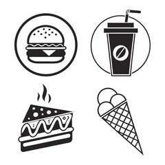 Set of four black and white fast food icons including a burger drink cake and ice cream cone