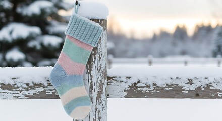 Pastel Christmas stocking hanging on a snow-covered fence in winter.