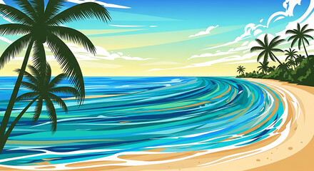 3D image Tropical Beach Scene with Palm Trees, Ocean Waves, Sunset Sky, and Vibrant Colors for Vacation Vibes.
