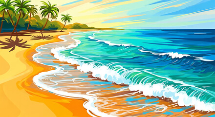 Tropical Beach Scene with Palm Trees, Ocean Waves, Sunset Sky, and Vibrant Colors for Vacation Vibes, 8K image 